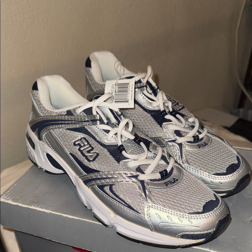 Fila Metallic Silver and Dark Blue Athletic Shoes